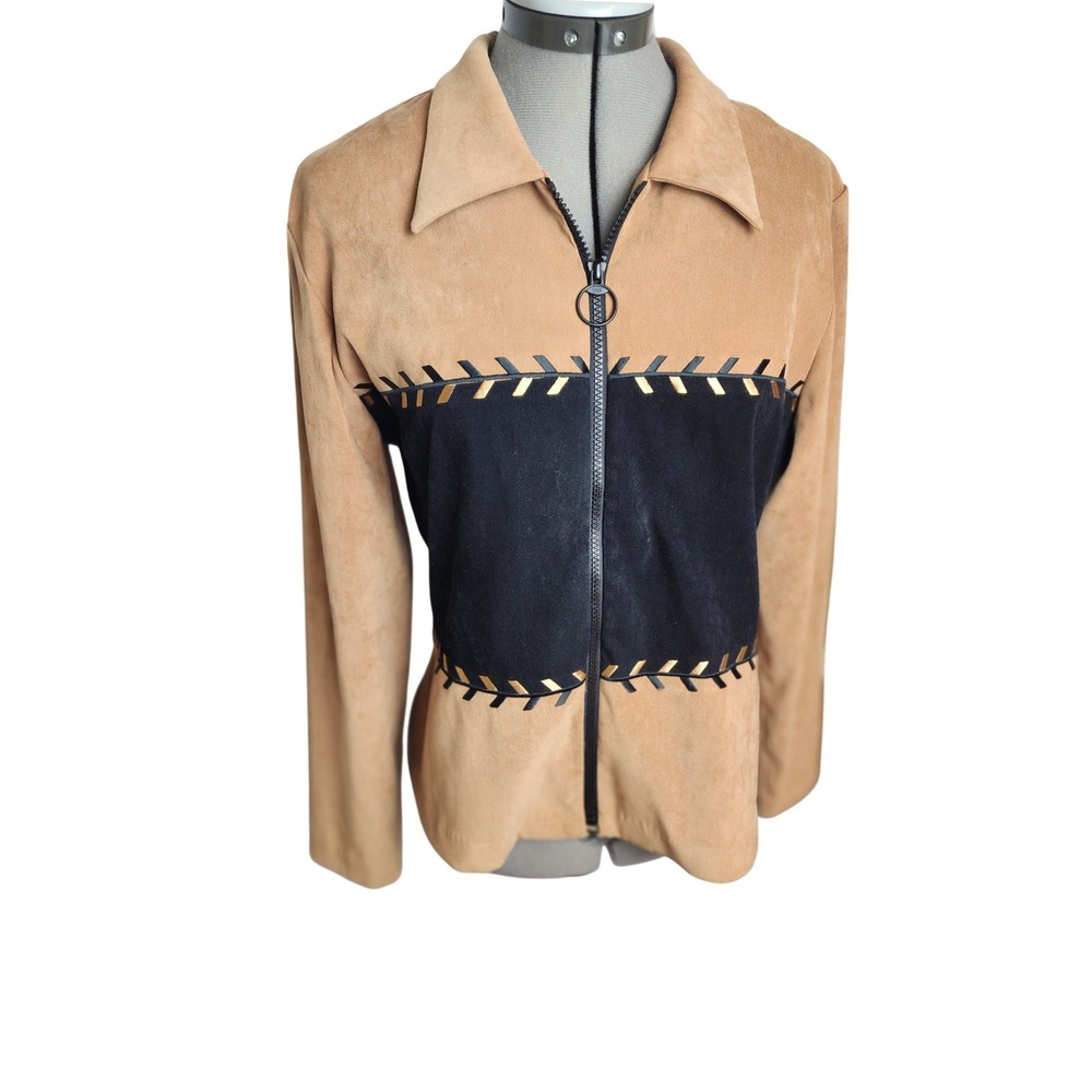 Worthington Tan Black Faux Suede Zip Jacket Gold‎ Whipstitch Vintage Style Sz 8